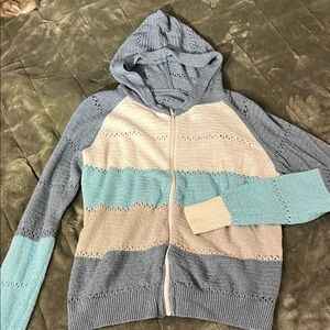 Women's Striped Hooded Sweater - Blue, White, and Gray